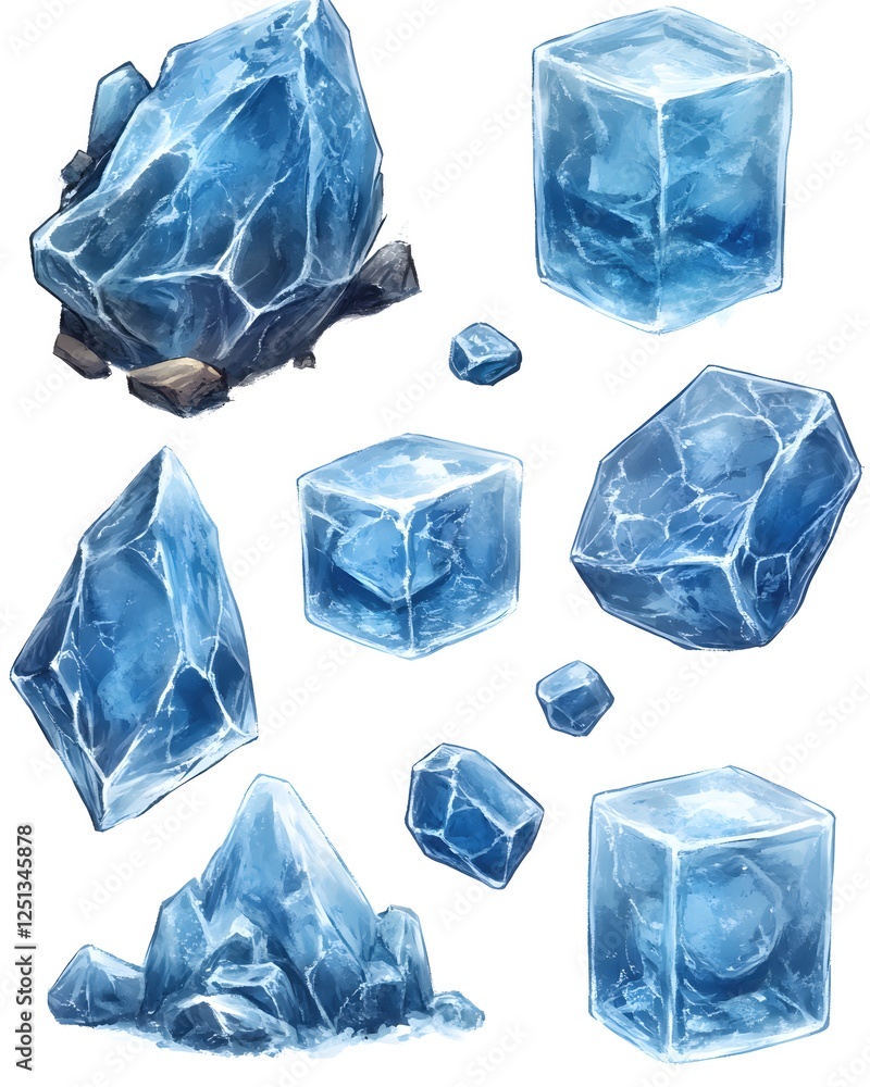 Fototapeta premium Collection of Watercolor Ice Cubes and Crystals in Various Shapes on a White Background