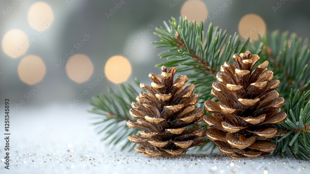 Gilded Pine Cones Resting on Snowy Winter Branch Gilded Pine Cones Resting on Snowy Winter Branch