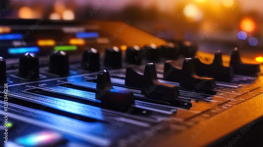 Close-up of a vibrant audio mixing console with illuminated controls during a live event Close-up of a vibrant audio mixing console with illuminated controls during a live event