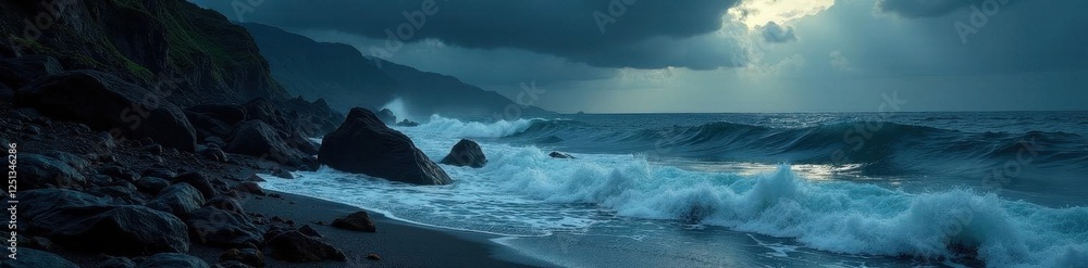 Fototapeta premium Massive black waves overwhelm a rocky shore under a stormy sky , ocean storm, shoreline, wave action