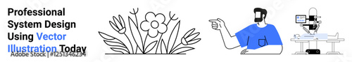Botanical elements, a person pointing, and a microscope with a screen. Ideal for innovation, creativity, education, design, nature-tech integration, research flat landing page banner