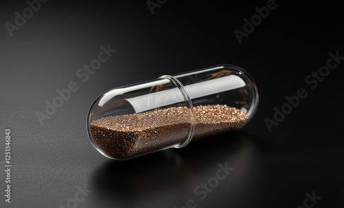 Transparent capsule filled with golden beads photo