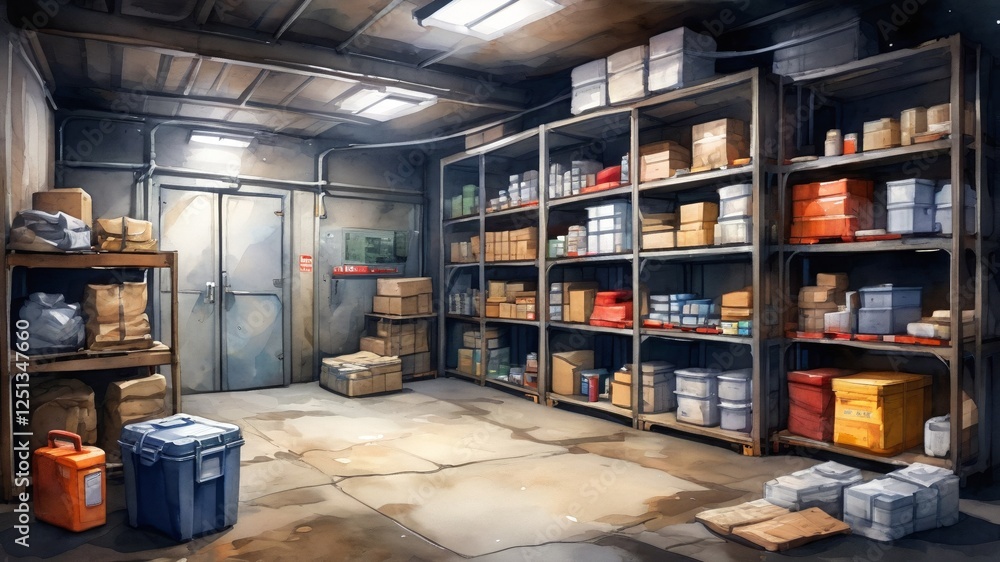 Obraz premium Industrial Storage Room with Shelves and Boxes for Inventory Management