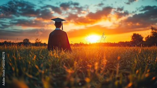 A graduating student in cap and gown celebrates academic success during an evening graduation ceremony, marking a new chapter in life.