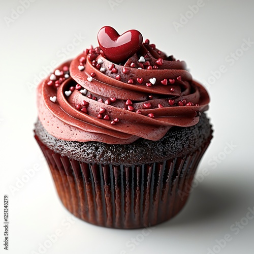 Delicious Red Velvet Cupcake with Chocolate Frosting and Heart Sprinkles for Valentine s Day photo