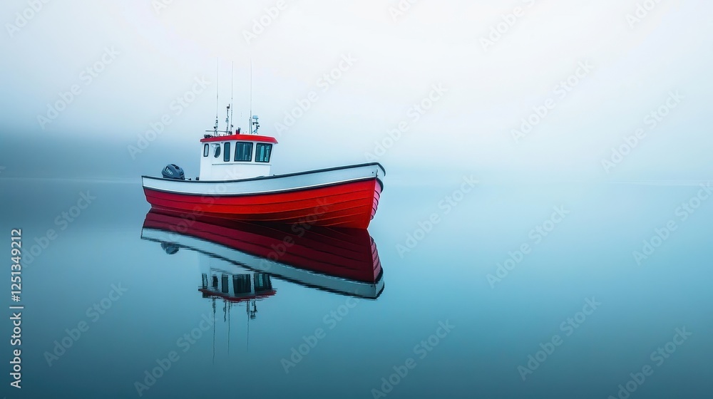 Naklejka premium A lone red boat floats peacefully on calm waters, surrounded by a thick mist, creating a serene and tranquil atmosphere.