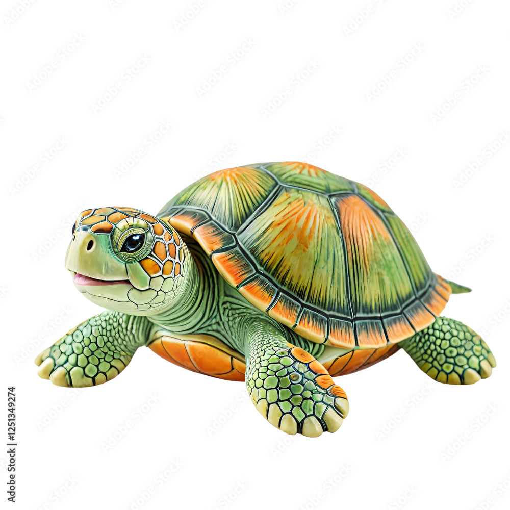 Fototapeta premium A colorful, figurative turtle with a green shell, orange and black pattern, and green and brown body, is depicted in a playful pose, facing right and smiling, set against a white background