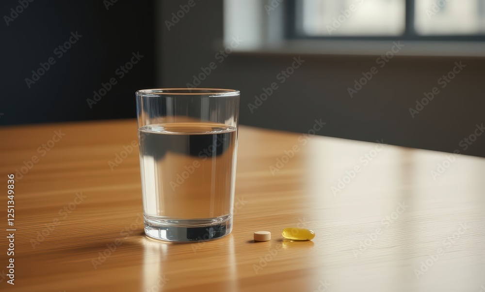 Glass of water with pills on table Glass of water with pills on table