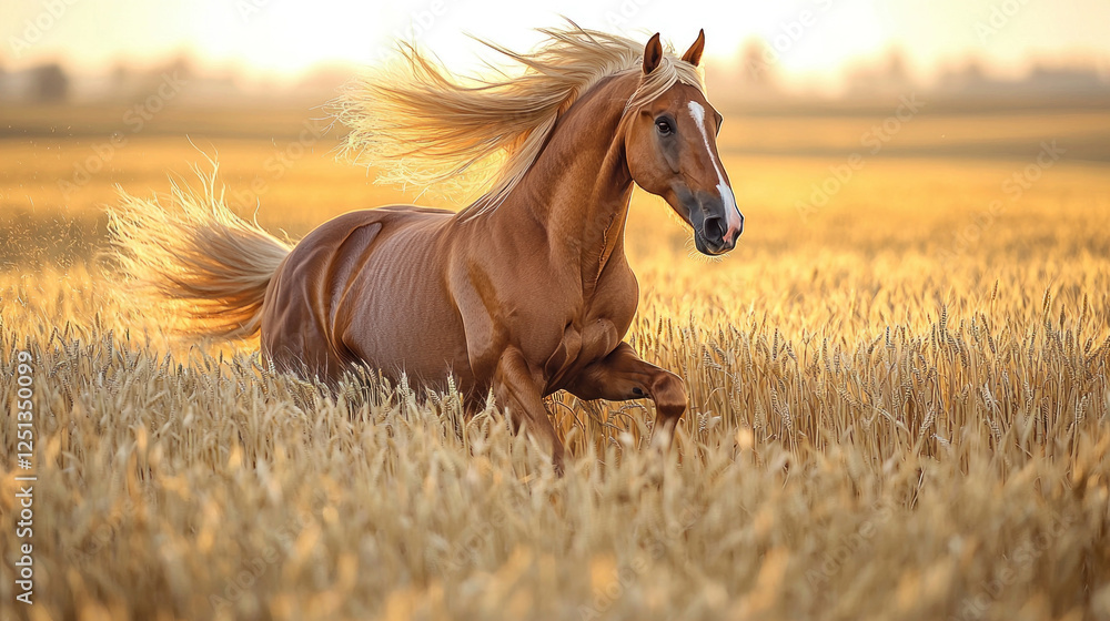 Obraz premium Golden horse running in wheat field at sunset