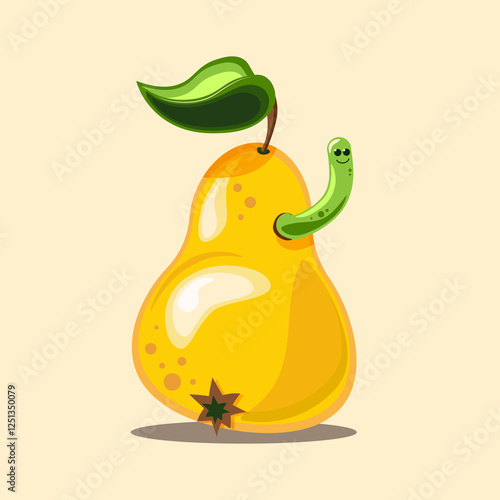 Pear with a cute worm, wormy pear, ripe fruit with a green caterpillar photo