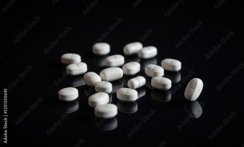 Scattered white pills on black surface Scattered white pills on black surface