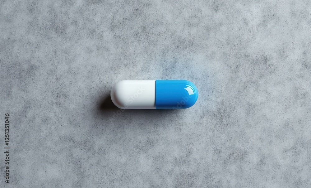 Blue and white capsule on grey surface Blue and white capsule on grey surface