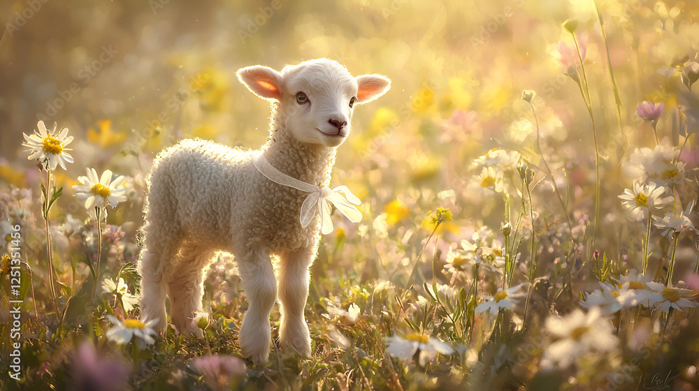 Obraz premium Lamb stands among flowers in a sunny meadow, white fur, white ribbon, surrounded by natural beauty, a heartwarming spring scene