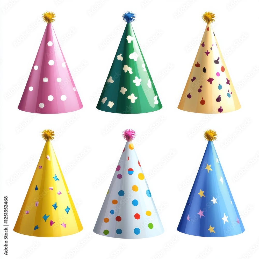 Colorful party hats in a variety of designs featuring polka dots, stars, and playful patterns, ideal for celebrations and festive occasions Colorful party hats in a variety of designs featuring polka dots, stars, and playful patterns, ideal for celebrations and festive occasions
