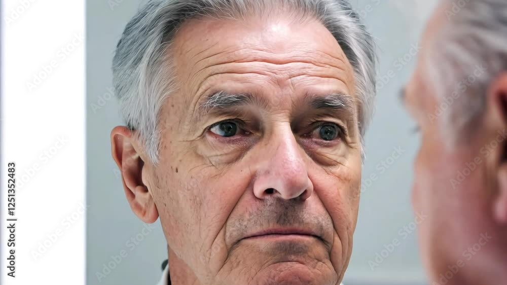 Senior Man Looking At Reflection In Bathroom Mirror. Elderly man looking depressed at face. Old gray haired man with wrinkles Senior Man Looking At Reflection In Bathroom Mirror. Elderly man looking depressed at face. Old gray haired man with wrinkles
