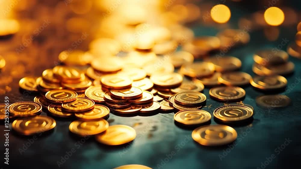 Golden coins scattered on dark surface with bokeh background Golden coins scattered on dark surface with bokeh background