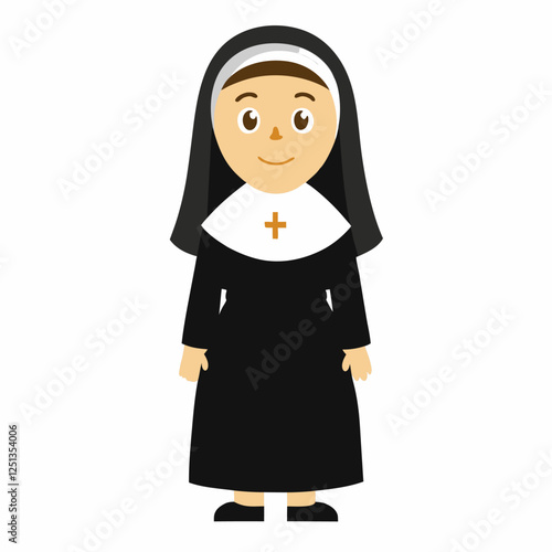 cartoon nun in traditional clothing. Profession. Isolated on white background. Front view. Vector illustration.
