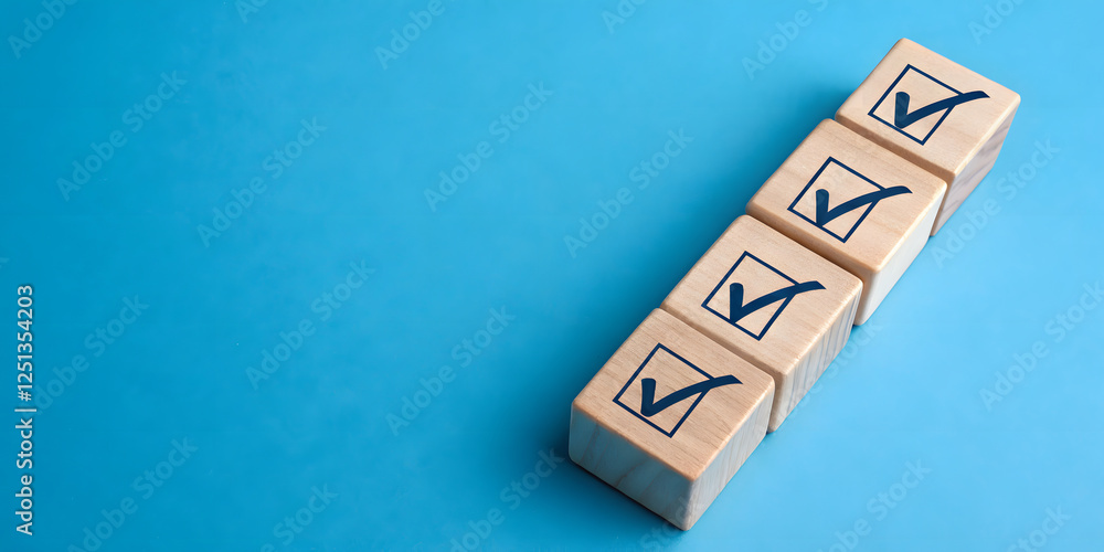Check mark on wooden cubes. Blue background. Checkmark concept. Check mark on wooden cubes. Blue background. Checkmark concept.
