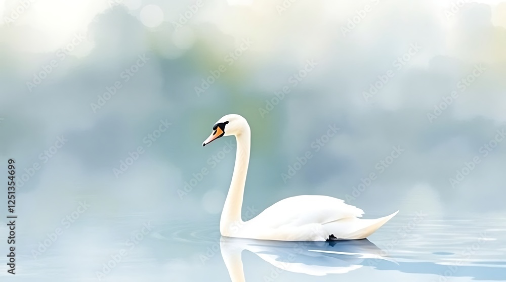 Serene white swan gracefully gliding on calm water, reflected image, soft dreamy background. Serene white swan gracefully gliding on calm water, reflected image, soft dreamy background.