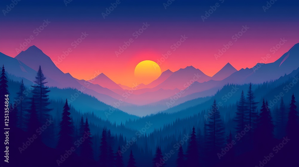 Obraz premium Majestic Sunset Over Silhouetted Mountains and Forest