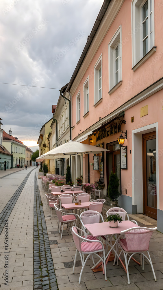 Fototapeta premium Summer cafe in a small town during the warm season. Street in the old town