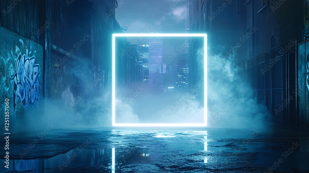 Fototapeta premium Neon Frame with Rectangular White and Blue Lights, Underground Tunnel, and Foggy Urban Street. Copy space. Generative AI