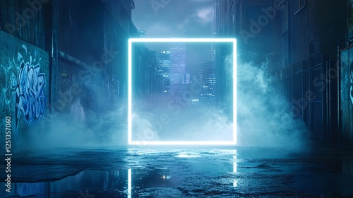 Neon Frame with Rectangular White and Blue Lights, Underground Tunnel, and Foggy Urban Street. Copy space. Generative AI photo