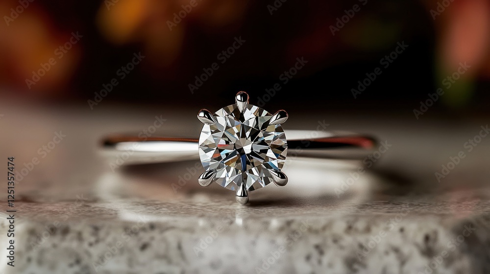 Close-up of a sparkling diamond engagement ring on a marble surface with blurred floral backdrop Close-up of a sparkling diamond engagement ring on a marble surface with blurred floral backdrop