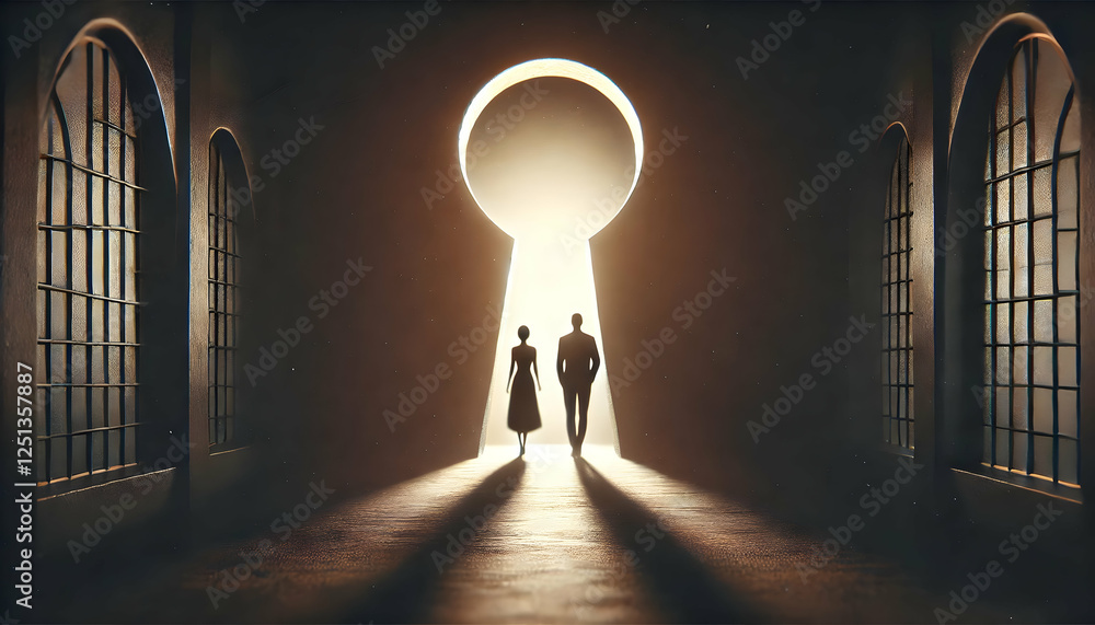 Obraz premium A thought-provoking image of a couple walking towards a glowing keyhole, symbolizing hope, opportunity, and the journey towards enlightenment