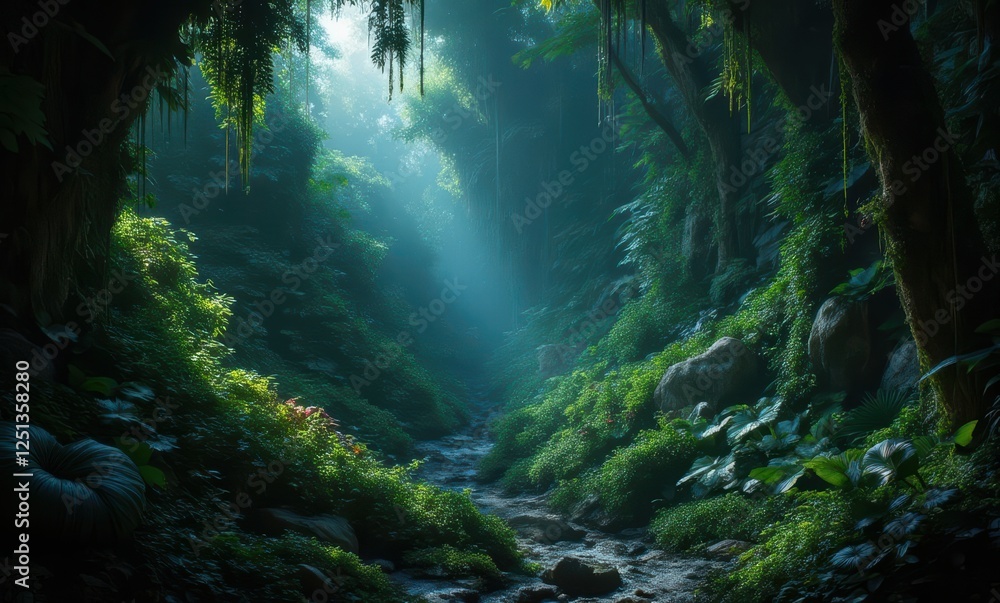 Serene rainforest stream with lush greenery Serene rainforest stream with lush greenery