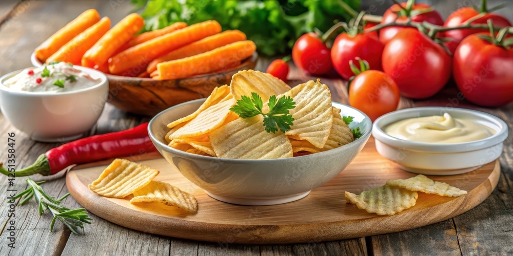 Cassava chips in a bowl with dipping sauce, fresh vegetables and crackers, utensils, kitchen,  utensils, kitchen, vegetables