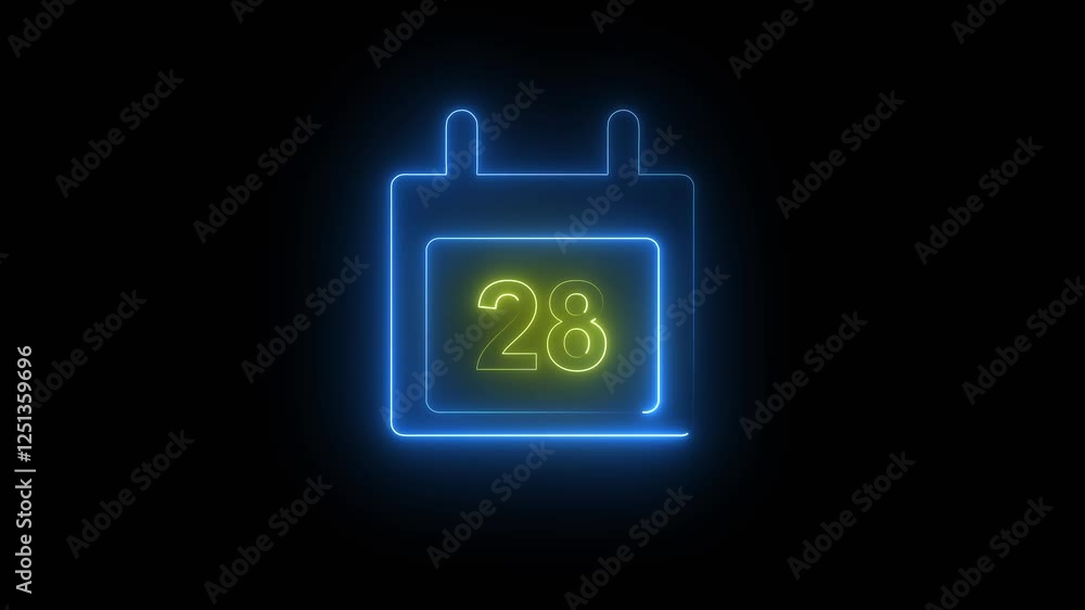 Calendar icon animation with neon line on black background. Calendar icon animation with neon line on black background.