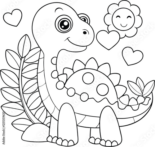 Adorable Stegosaurus Dinosaur Coloring Page with Hearts and Flower