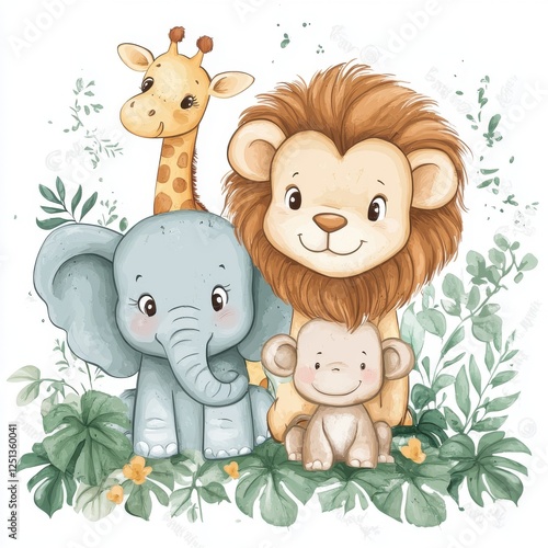 Adorable Cartoon Illustrations of Wild Animals Including Giraffe, Lion, Elephant, and Monkey Surrounded by Lush Green Foliage Perfect for Children’s Products