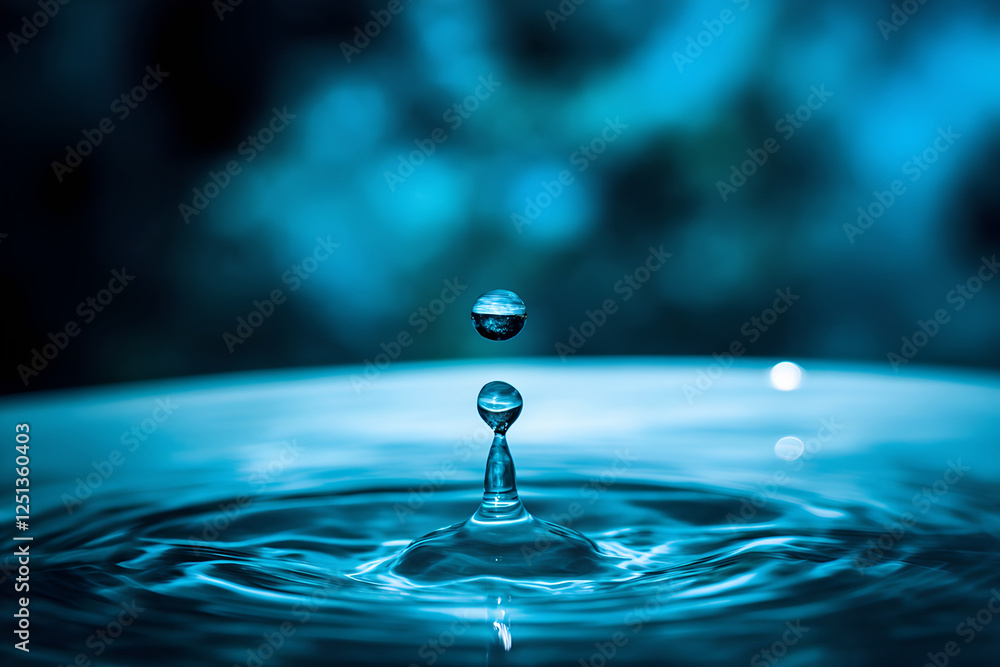 A drop of water is stinging, splashing. Blue background A drop of water is stinging, splashing. Blue background