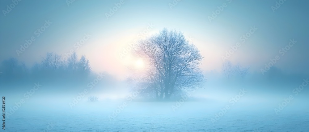 A serene winter scene featuring a solitary tree emerging from thick fog as the sun rises, casting a soft blue and pink light over the snowy landscape. A serene winter scene featuring a solitary tree emerging from thick fog as the sun rises, casting a soft blue and pink light over the snowy landscape.