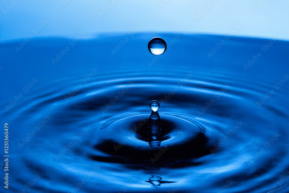 A drop of water is stinging, splashing. Blue background A drop of water is stinging, splashing. Blue background