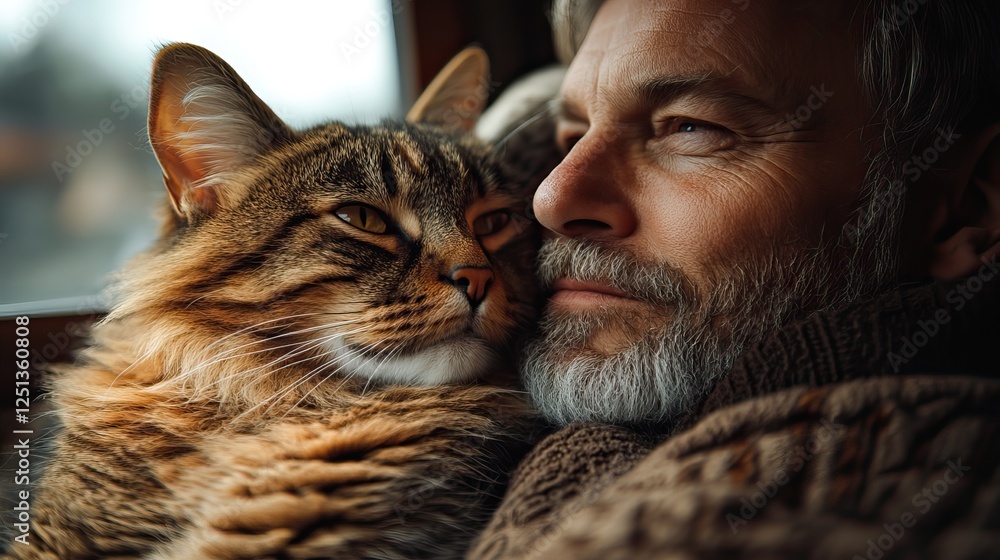 A man relaxes at home with his cat, enjoying companionship and bonding. A man relaxes at home with his cat, enjoying companionship and bonding.