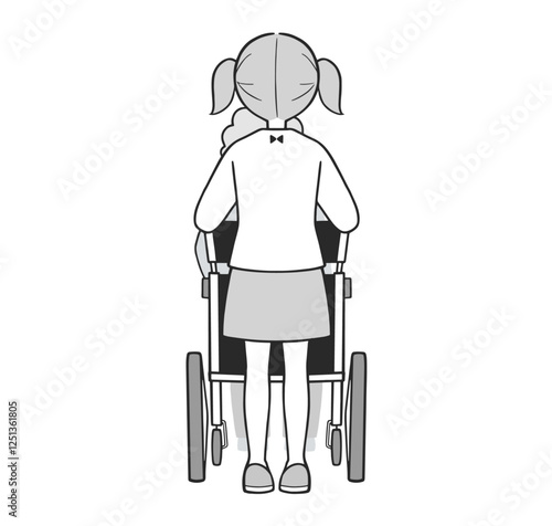ヤングケアラー 車椅子を押す子供のモノクロイラスト