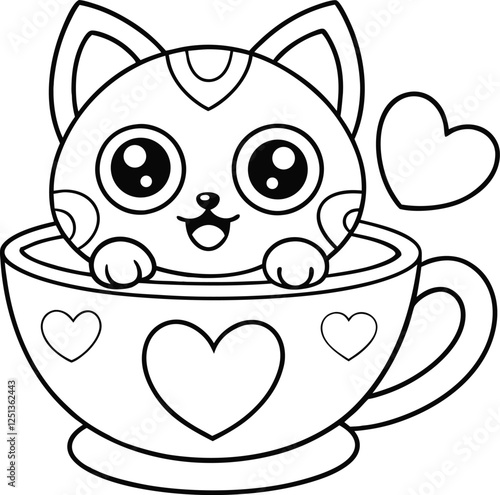 Adorable Kitten in a HeartShaped Teacup Valentines Day Coloring Page