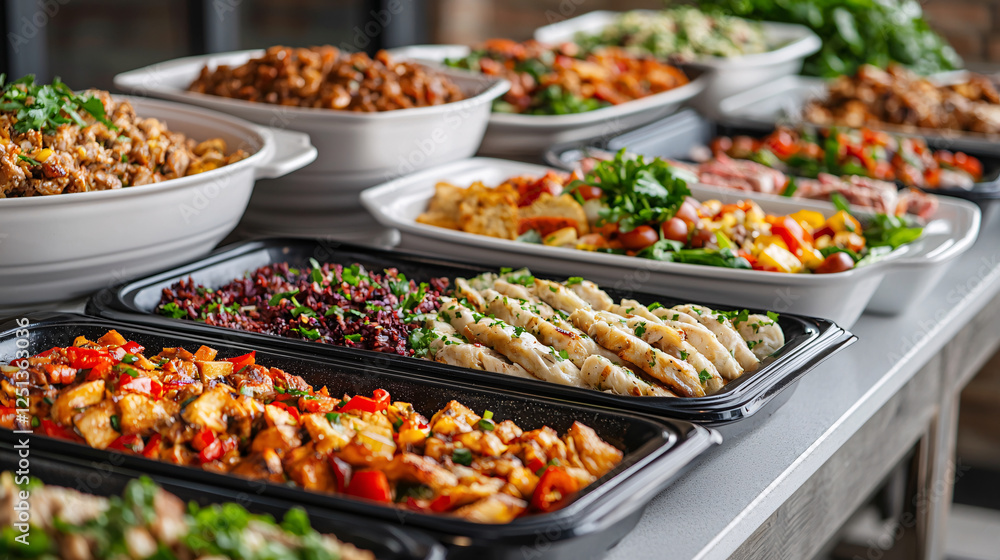 Catering event delicious buffet spread dining hall food display indoor setting aesthetic appeal Catering event delicious buffet spread dining hall food display indoor setting aesthetic appeal