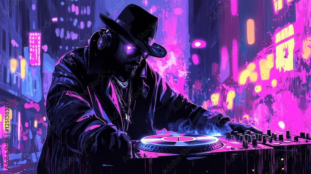 Dj performance at neon city edm music event vibrant urban nightlife high-contrast visuals Dj performance at neon city edm music event vibrant urban nightlife high-contrast visuals
