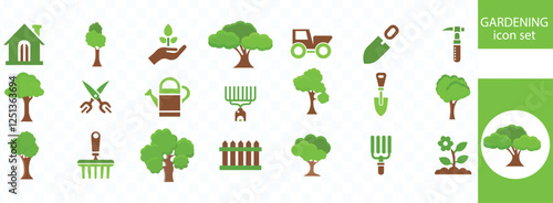 Gardening icon set. Containing plant, gardener, sprout, leaf, planting, seedling, shovel, watering can, rake, cultivation and more. Solid vector icons 