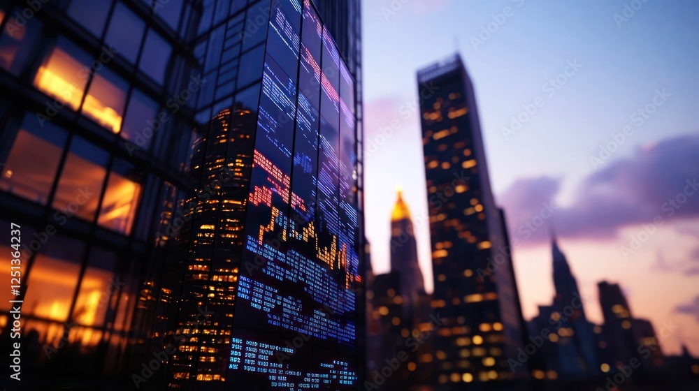 Obraz premium Modern skyscraper reflecting sunset with digital display and city skyline in background