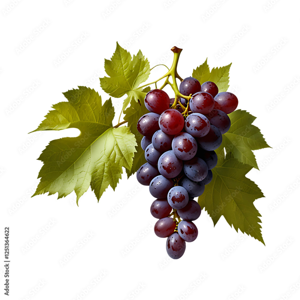 Fototapeta premium Red grape with leaves isolated on a transparent background