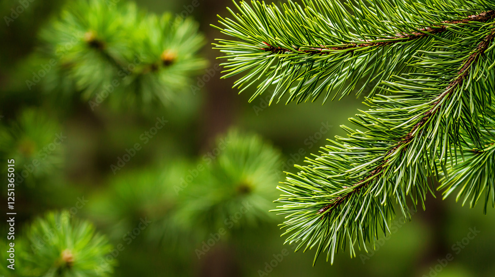 Close-up of fresh pine branches in lush forest nature tranquil environment Close-up of fresh pine branches in lush forest nature tranquil environment