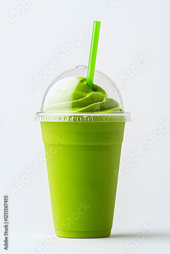 Green matcha milkshake in a plastic takeaway cup with straw, isolated on a white background
