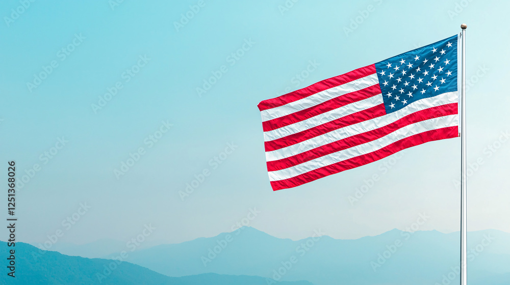 Obraz premium Waving american flag in scenic mountains nature background outdoor patriotism