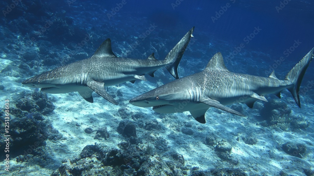 Fototapeta premium Two Grey Reef Sharks Swimming in Ocean