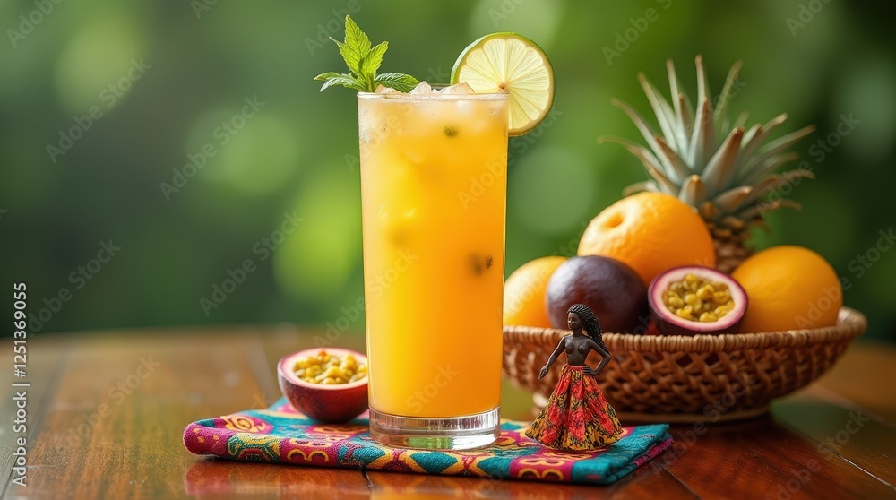 Fototapeta premium Chilled Burundian passion fruit cocktail in a tall glass with garnishes